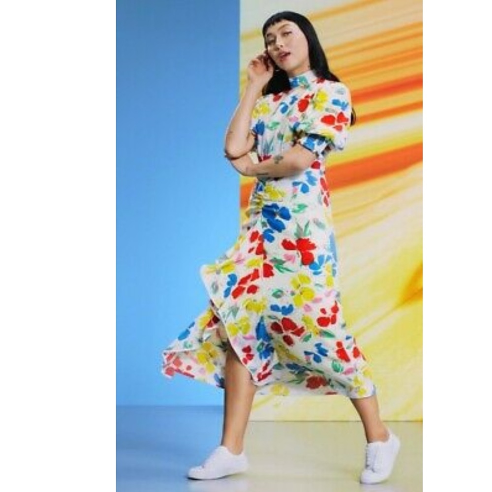 RIXO Floral Mock-neck Cascade Ruffle Dress Size:10